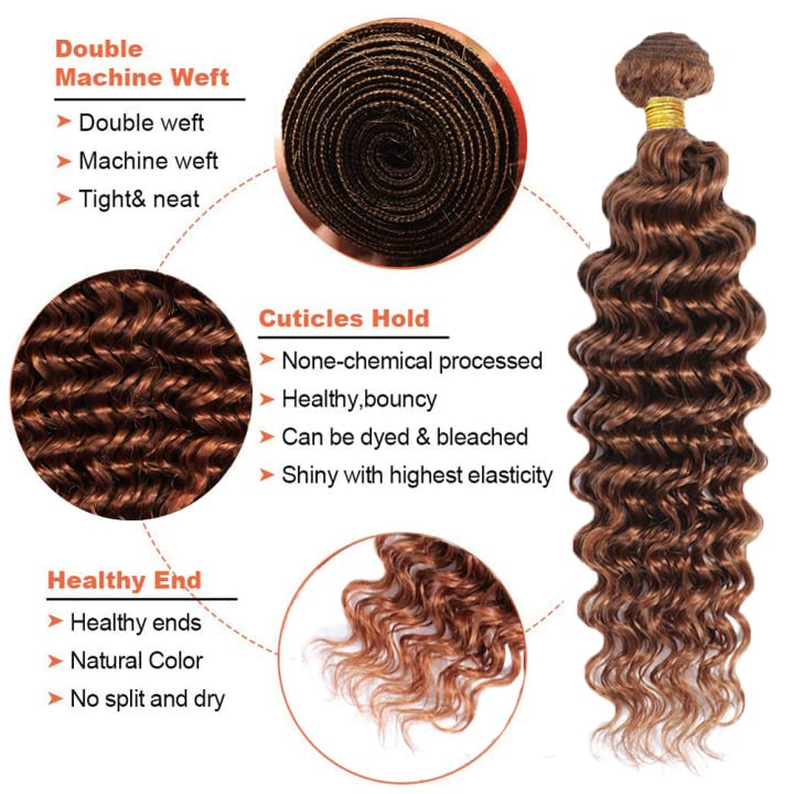 HuxoWax Copper Red Deep Wave Hair Bundles 20 Inch Remy Virgin Human Hair Extensions