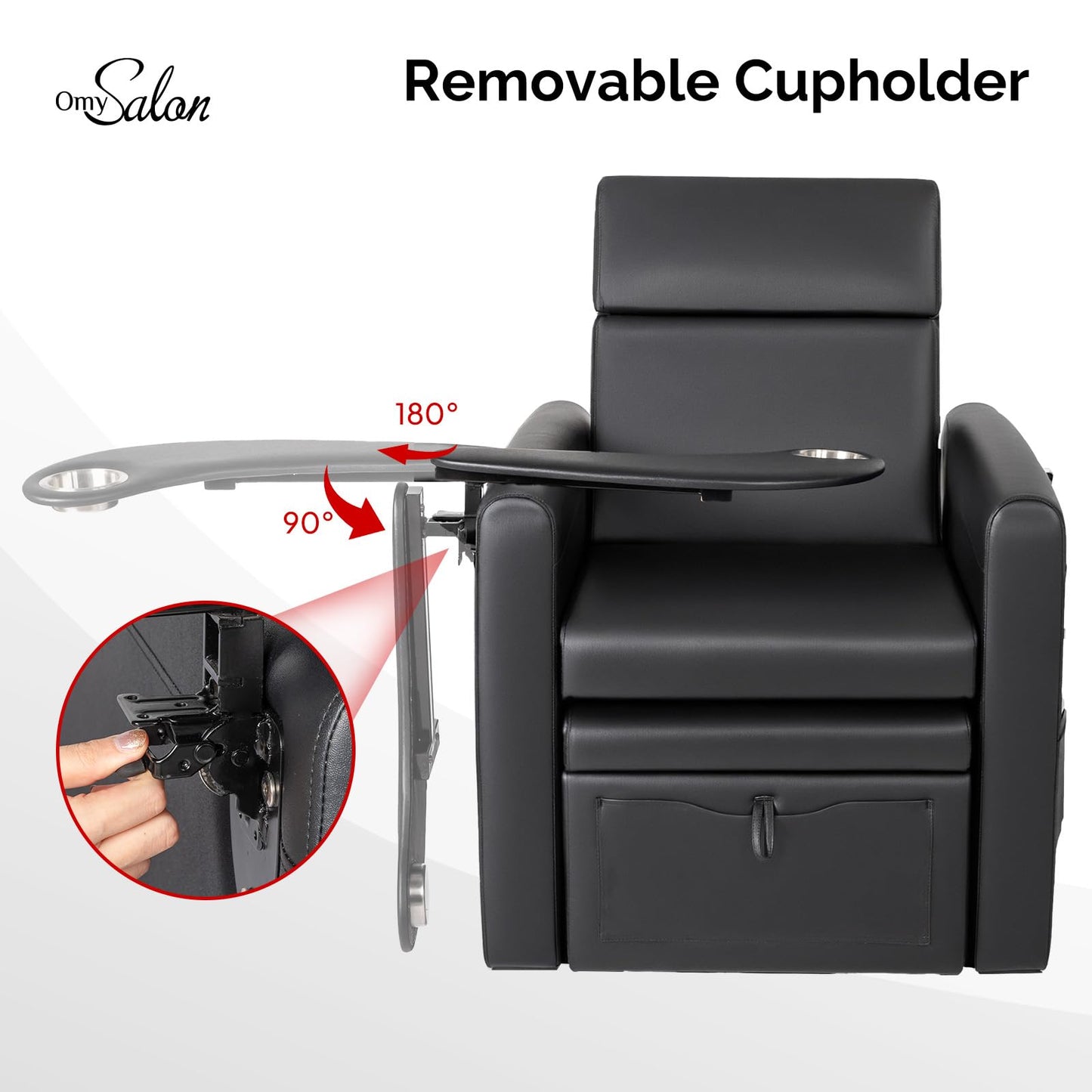 OmySalon Electric Pedicure Chair Pedi Station w/Adjustable Backrest, Movable Cup Holder & Hidden Storage Platform, No-Plumbing Full-Floor Support for Professional Nail Tech Supplies Spa Salon (Black)