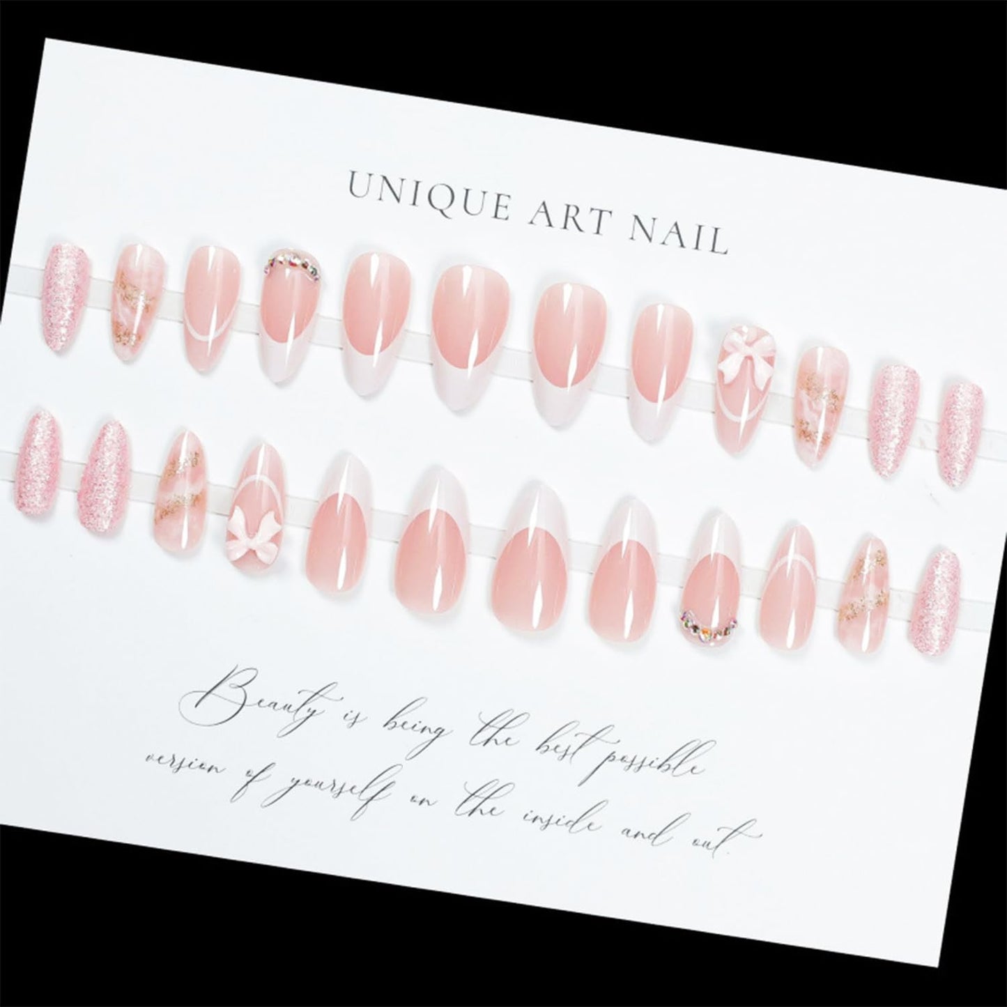 24pcs White French Tip Press on Nails Medium Almond Fake Nails with 3D Bow Glitter Rhinestones Designs Full Cover Artificial Nail Cute False Nails Reusable Stick on Nails for Women Nail Decorations