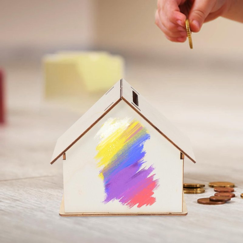 Angoily 15-Piece DIY Wooden House Piggy Bank Set Unfinished Wood Coin Bank for Kids Craft Painting Savings Container 4.13X6.49X3.93In