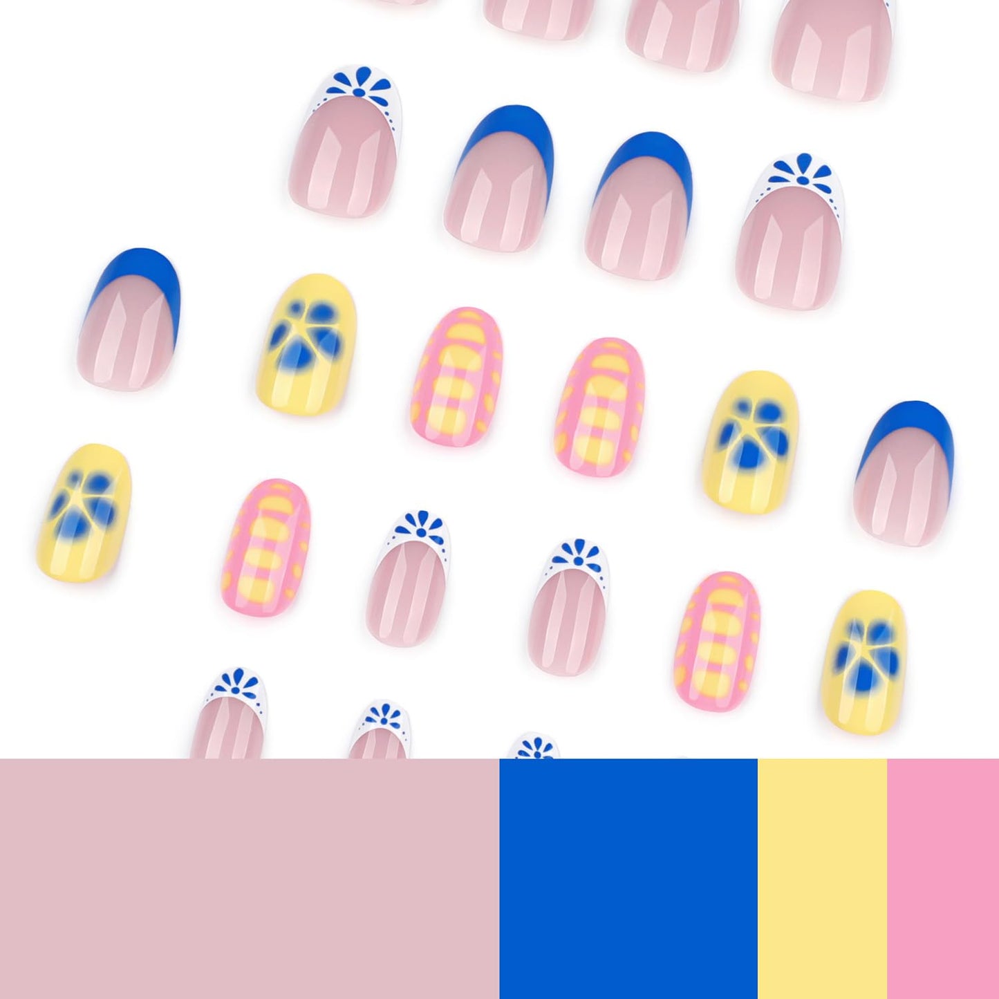 Nude Pink Press on Nails Medium Almond Fake Nails 3D Flowers Acrylic Nails Spring Artificial Nails Press ons Gold Irregularity False Nails with Rhinestone Designs Glue on Nails for Women Girls 24Pcs