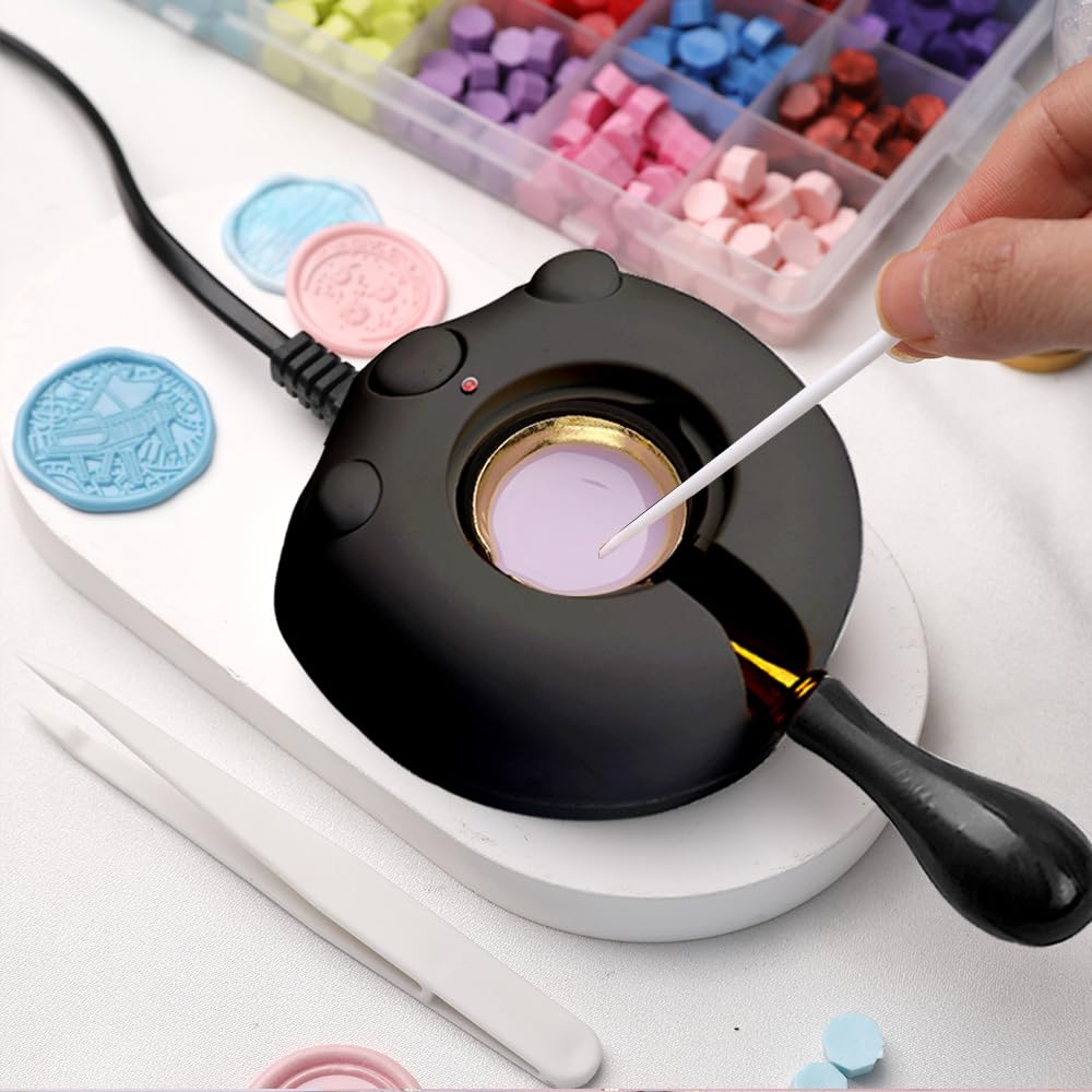 Electric Wax Seal Warmer, Black Wax Seal Kit with Spoon and Tweezers Great Tool for DIY Wax Seals, Wax Seal Stamp and Melting Wax Seal Sticks Sealing Wax Beads (Black)