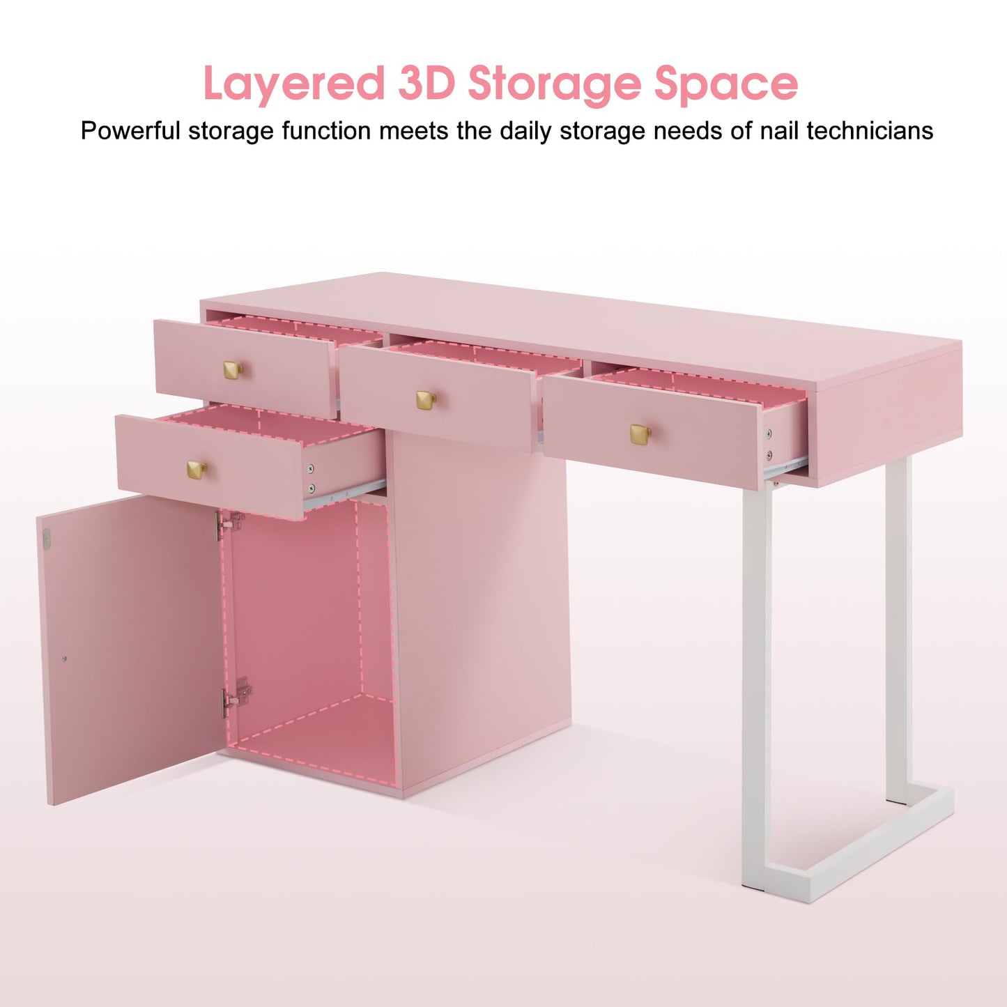 BarberPub Manicure Table with Storage Drawers, Nail Salon Desk for Nail Tech, Makeup Station with Round Handles, Beauty Equipment with Display Open Space 2990 (White&Pink)