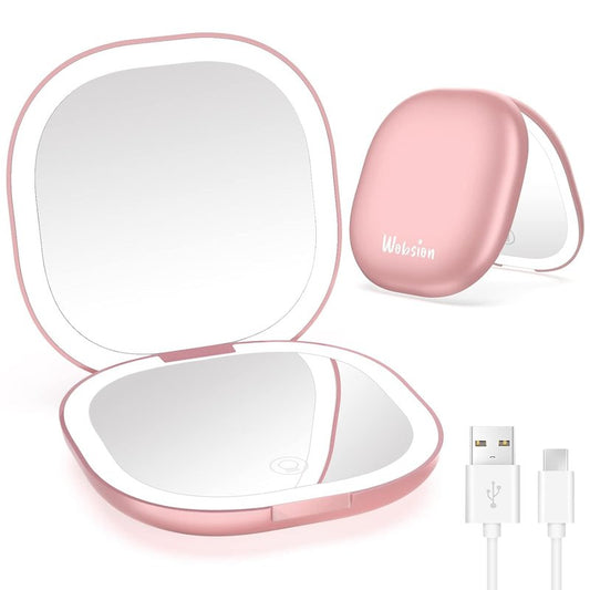 Travel Mirror with Light - Rechargeable 1x/10x Compact Magnifying Mirror | Dimmable Pocket Mirror, 3.5 Inch, Rose Gold