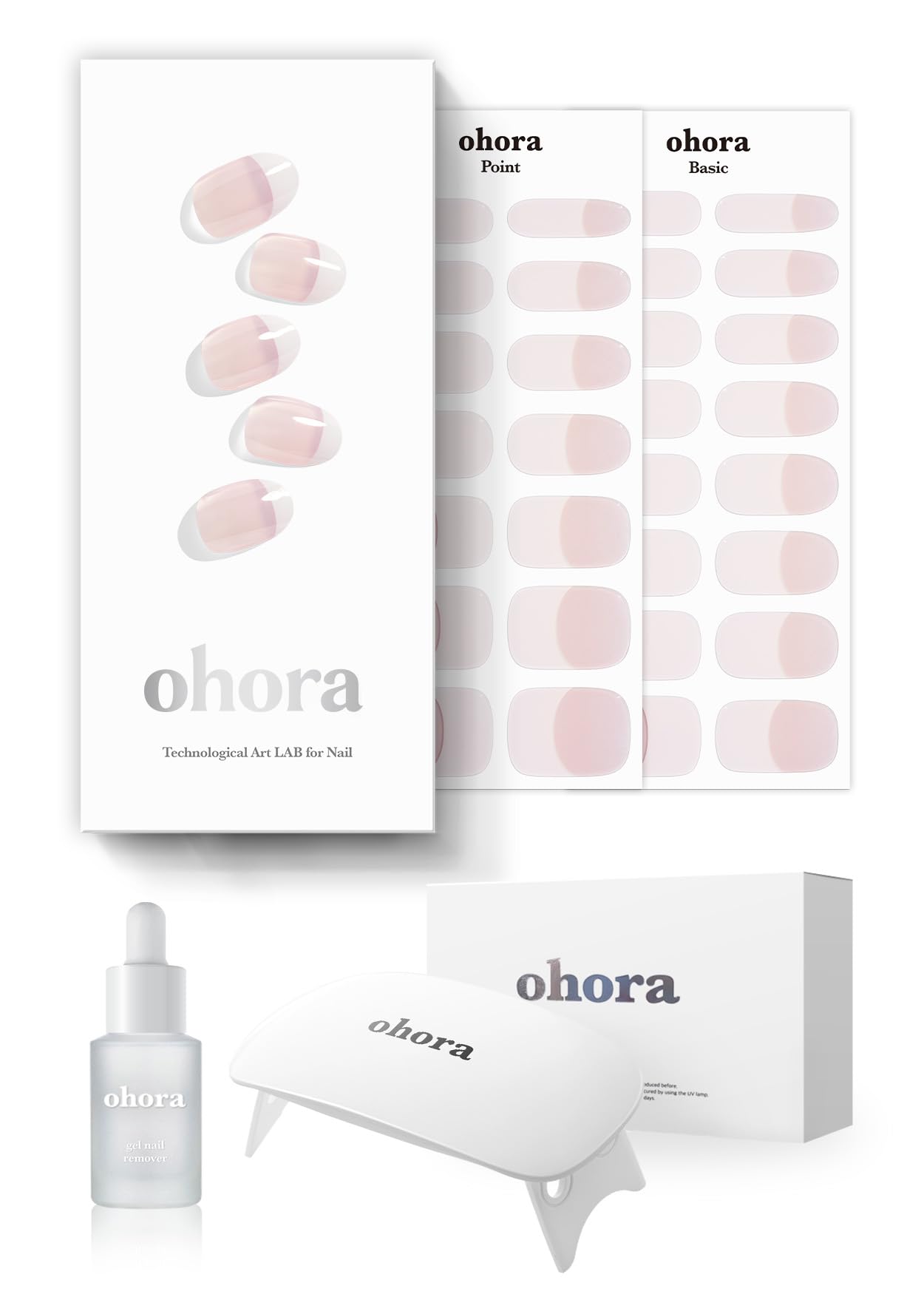 ohora Semi-Cured Gel Nail Strips Value Set (N Essential French Starter Kit) Includes Full Size Lamp and Mini Remover, Salon-Quality, Long Lasting, Easy to Apply & Remove