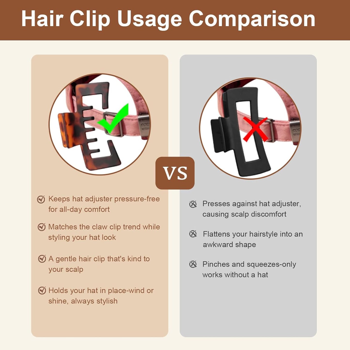 Large Hair Clips for Baseball Caps - Tortoise Shell Adjustable Claw Clips for Women | Non-Slip Strong Hold for Thick & Thin Hair