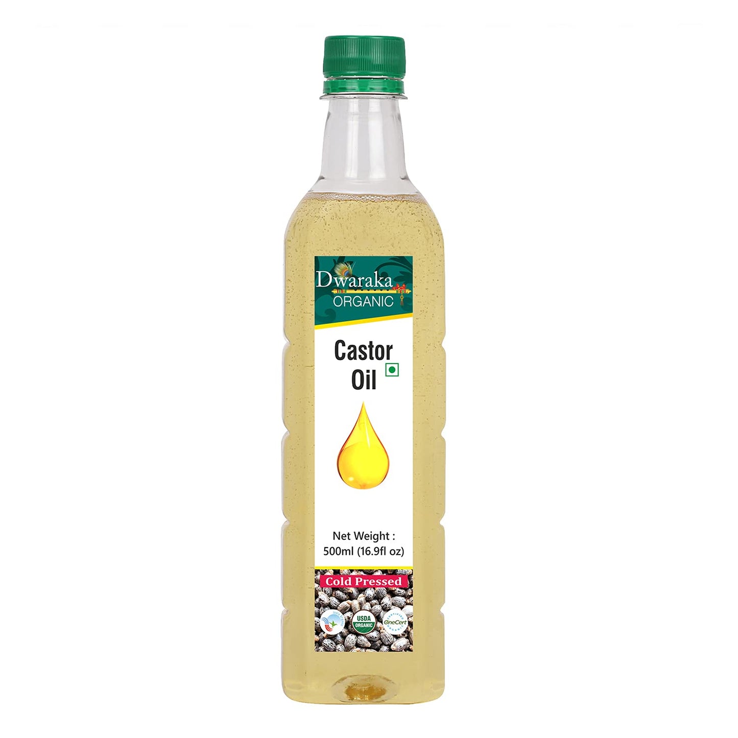 Dwaraka Organic Cold Pressed Castor Oil for Digestion, Hair Growth, Skincare and Massages - 16.9 Fl Oz (500 ML) | USDA Organic, Non-GMO, All Natural