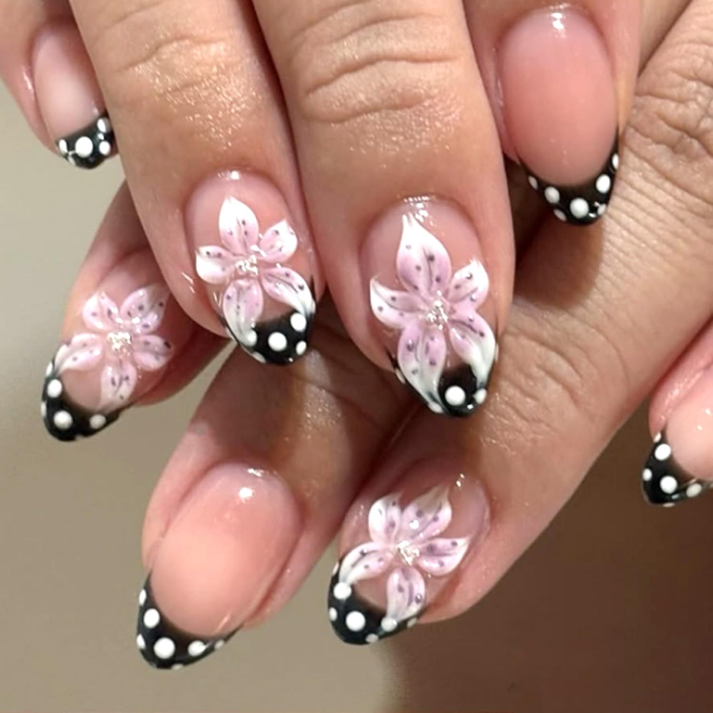 Mivota Luxury Press-On Nails | Short Almond French Tip in Nude Pink with 3D Flower & Polka Dot Design - Reusable, Salon Quality