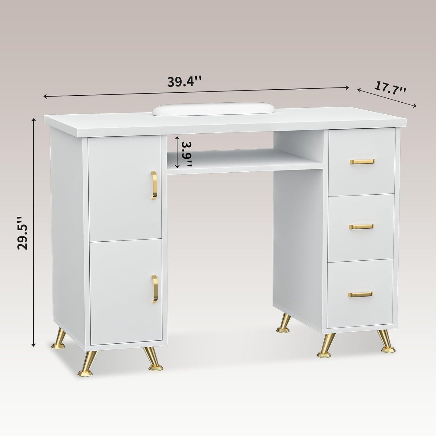 Manicure Table - Durable Nail Desk with 3 Drawers & 2 Cabinets | Acetone-Resistant, Versatile Salon Station (White-Gold)