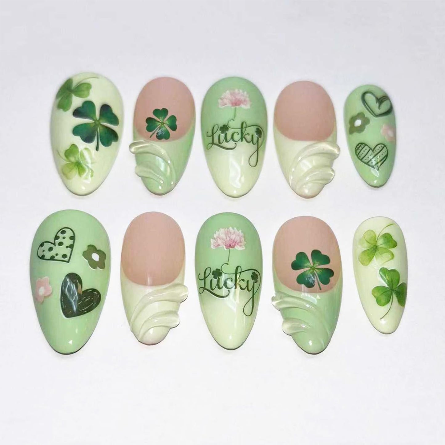 French Tip Press-On Nails - 24pcs Medium Almond with 3D Floral Gold Pearl Shell Designs | Summer Glitter Acrylic Full Cover
