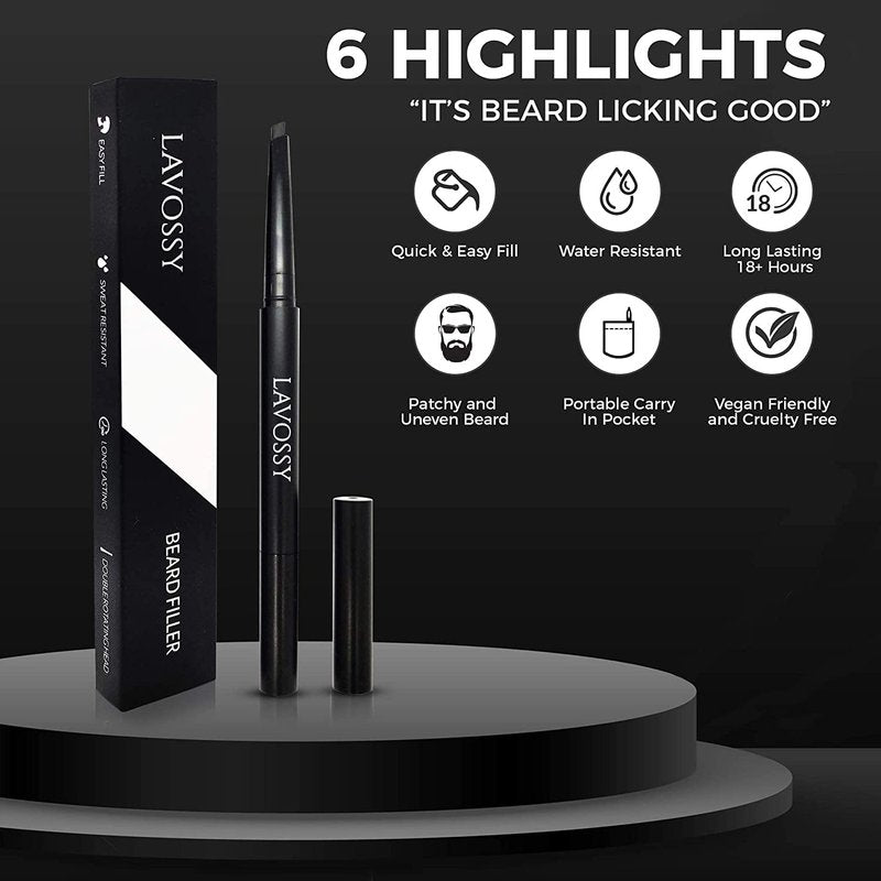 LAVOSSY Beard Pencil - Long Lasting and Easy to Use Beard Pen with Blending Brush for Natural, Water/Sweat Proof Results (Light Brown, 1 Count)
