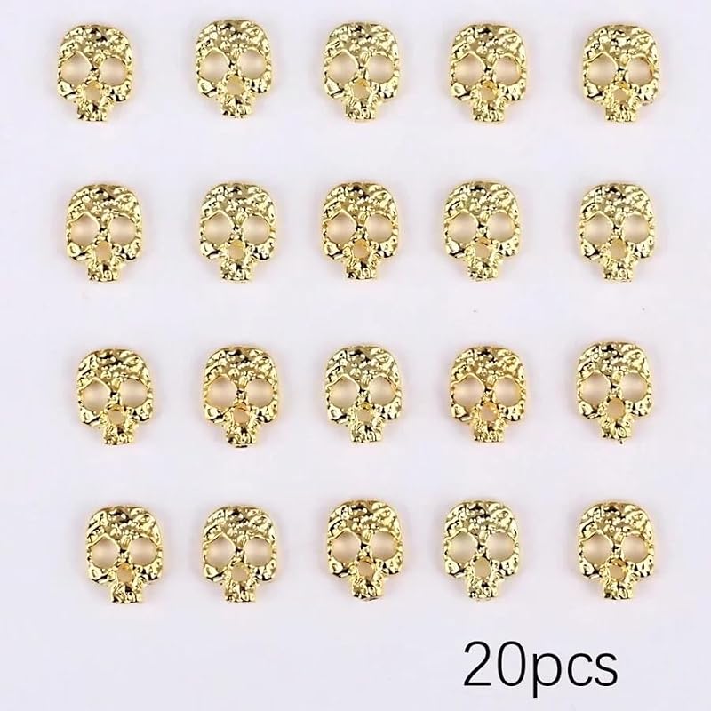 Gold Skull Halloween Nail Charms - 20pcs 3D Skeleton Head Gems for Acrylic Nails (JUNCHAO)