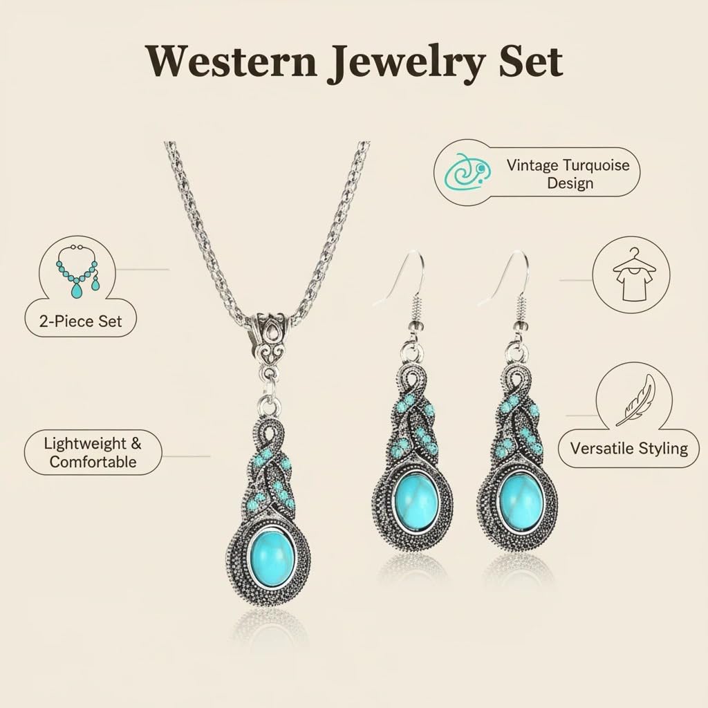 2-Piece Turquoise Style Jewelry Set for Women – Vintage Western Necklace and Drop Earrings – Boho Teal Statement Accessories
