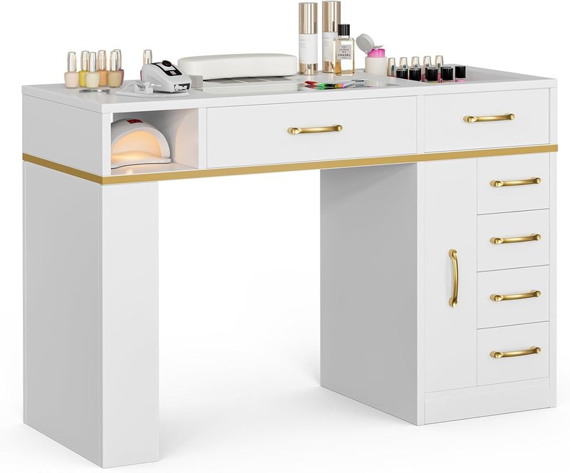 Nail Tech Table - Glass Top Manicure Desk with Dust Collector, 7 Drawers & 3-Tier Shelves | White Finish