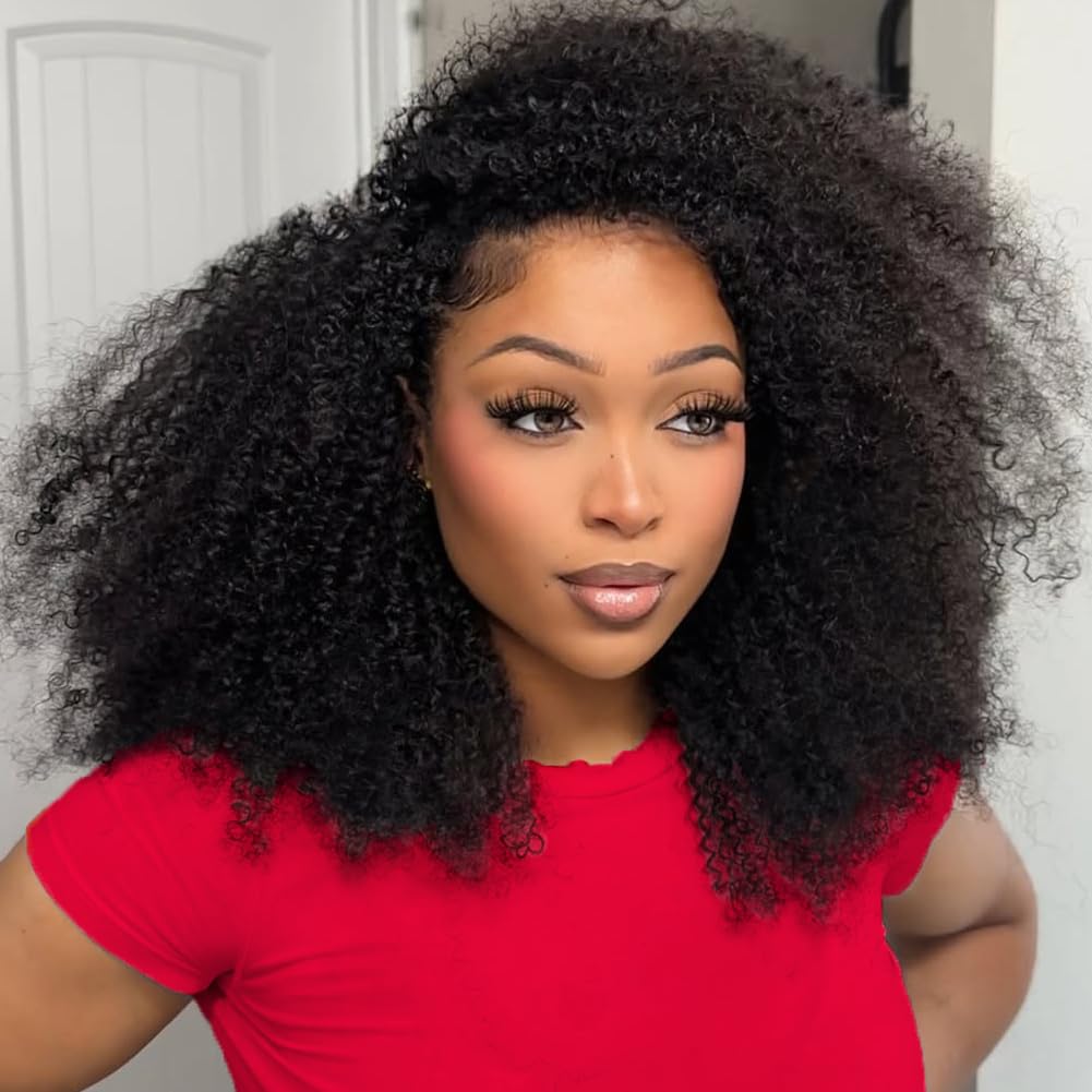 Kinky Curly 3 In 1 Half Wig - 200% Density Glueless Human Hair Wig for Women | 16 Inch Seamless Flip Style