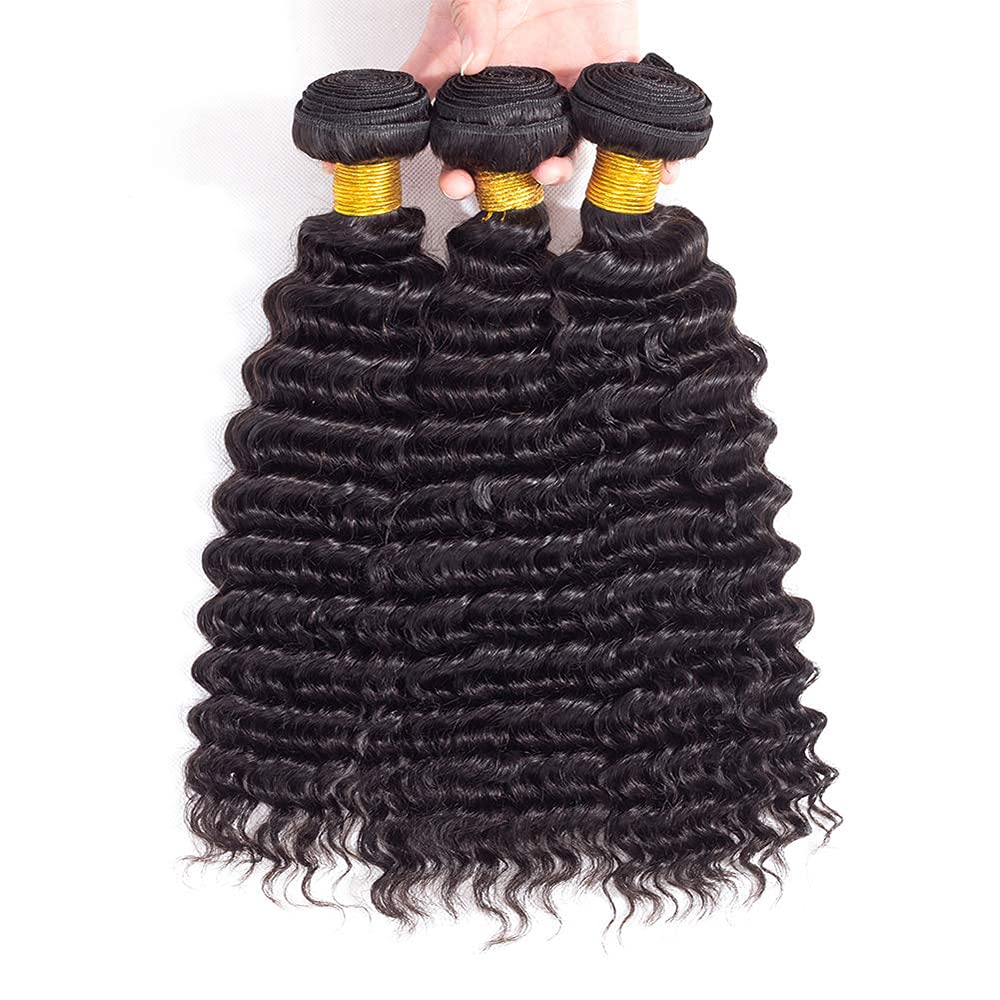 20 22 24 Inch Deep Wave Bundles Human Hair Bundle #1B Natural Black Deep Curly Bundle Unprocessed Brazilian Virgin Weave Hair 3 Bundle 50 Gram Per Bundle
