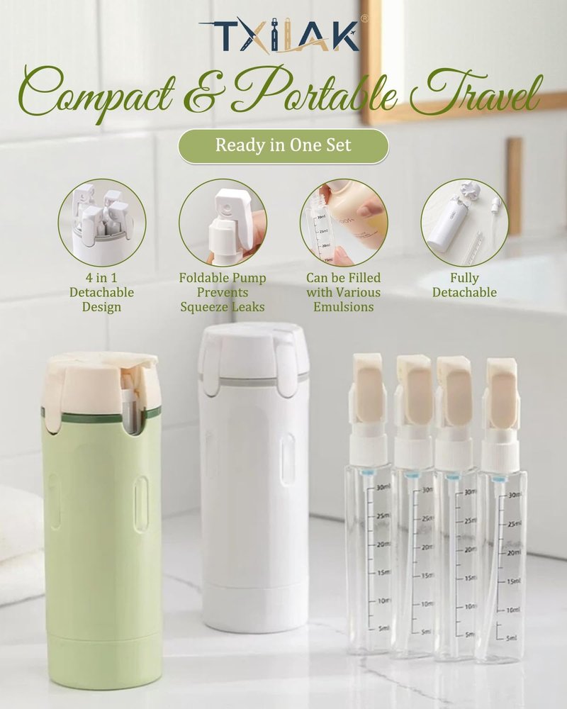 Travel Dispenser Bottle Set - 4 in 1 Refillable Cosmetic Containers | Leakproof Shampoo & Conditioner for Vacation Essentials