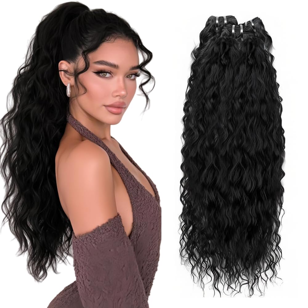 Natural Wavy Bundles Human Hair 14 16 18 inch 300g Long Wavy Human Hair Extensions Water Wave Bundles Color #Natural Black