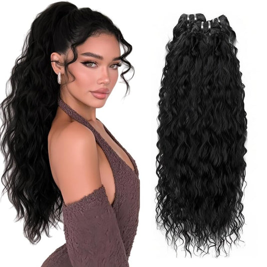 Natural Wavy Bundles Human Hair 14 16 18 inch 300g Long Wavy Human Hair Extensions Water Wave Bundles Color #Natural Black
