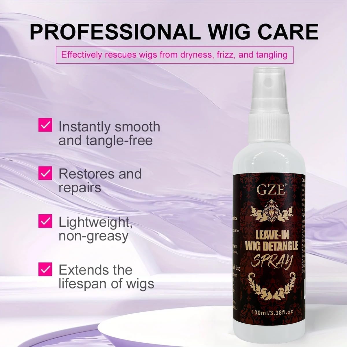 GZE Keratin Leave-In Spray for Wigs & Extensions - Smoothing, Detangling & Shine - 100ml/3.38oz, Anti-Frizz with Natural Formula, for Synthetic & Human Hair Wigs