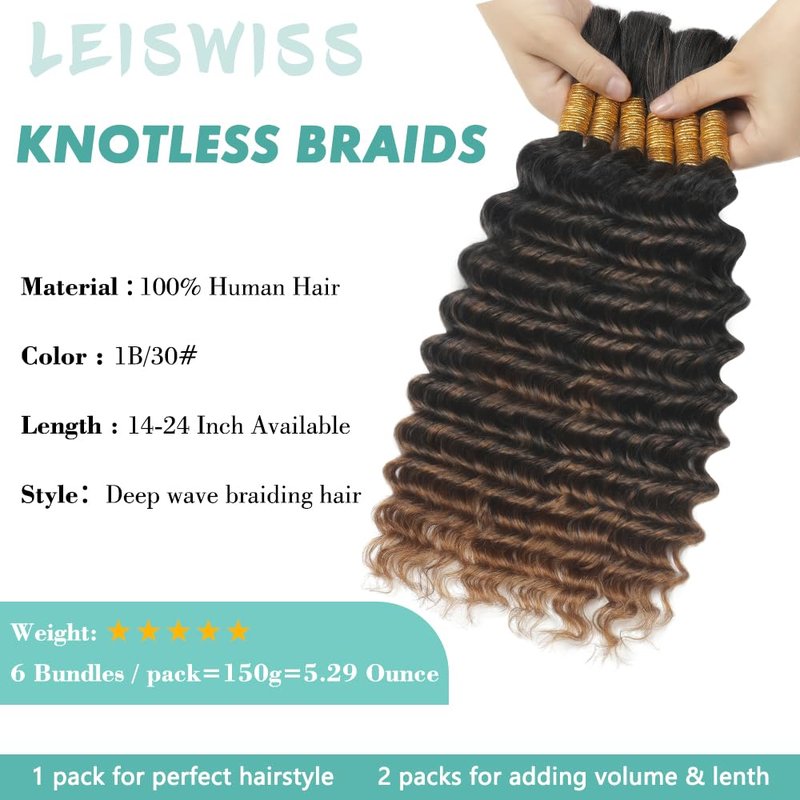 Human Braiding Hair - T30 Ombre Deep Wave Extensions | 18 Inch, 150g, 6 Bundles for Boho Braids