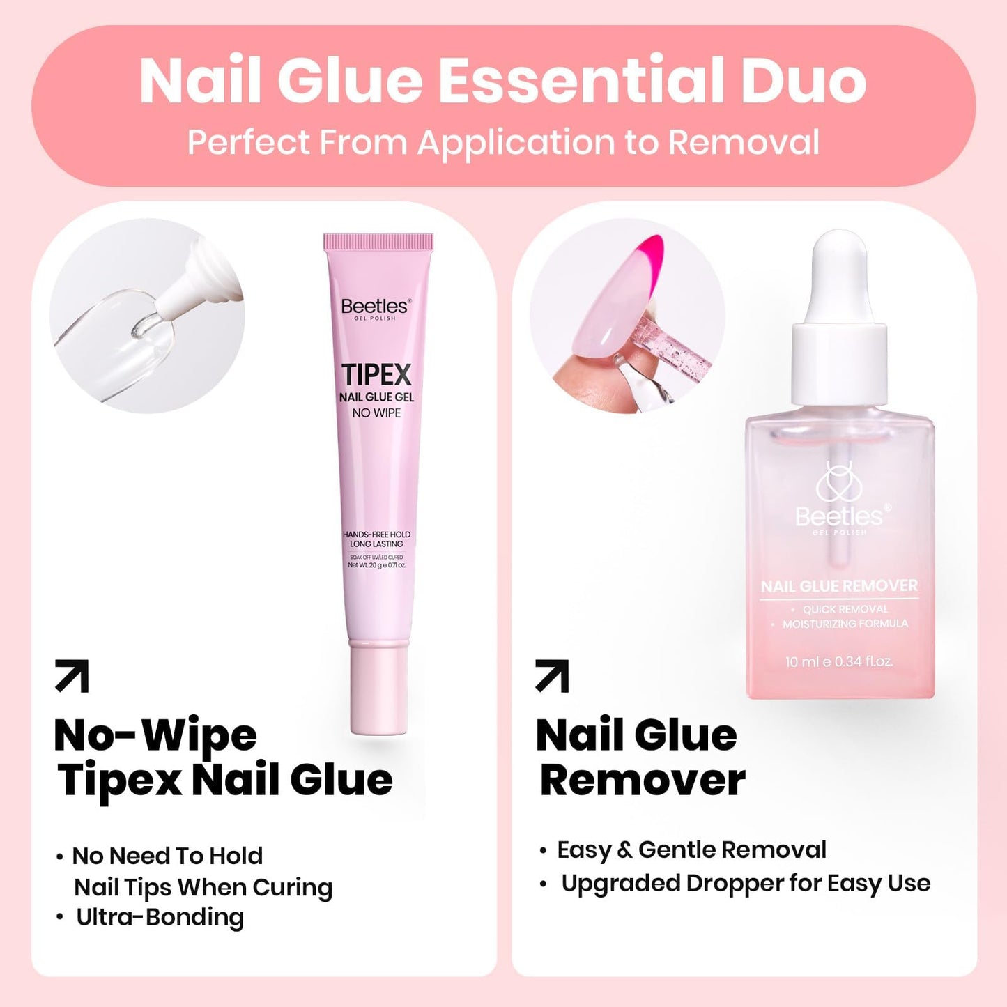 Beetles Gel Nail Glue & Remover Kit, 20g No Wipe Hands-Free Nail Glue for Tipex Soft Gel Nail Tips & Clear Press On Nails, 10ml Nail Remover with Nail Tools, Gentle Formula, Gift for Women
