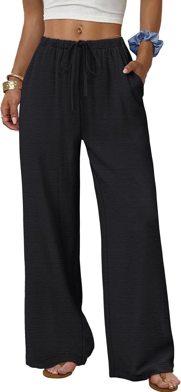 Wide Leg Pants for Women - Flowy Palazzo Trousers with Drawstring & Pockets | Summer Beach Vacation Wear