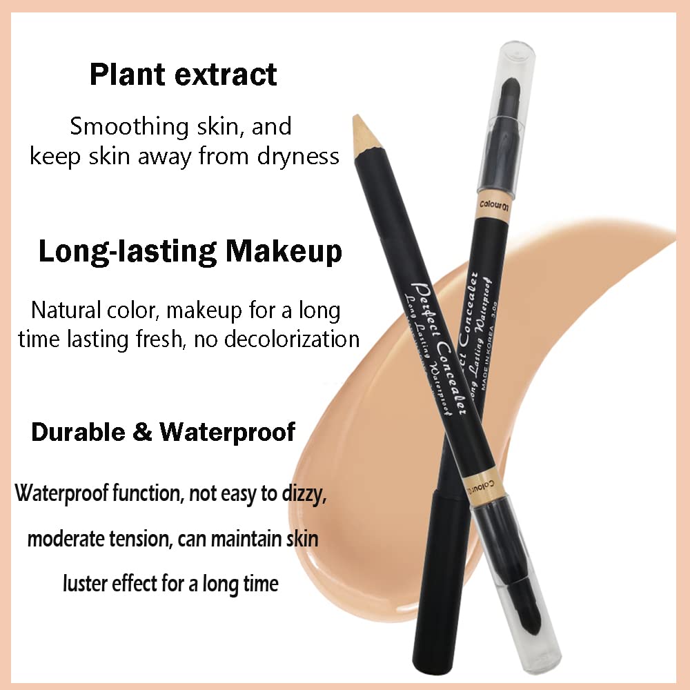 Full Coverage Concealer Pencil for Face, 2 in 1 Dual-Sided Eyebrow Face Concealer Crayon Highlighter Stick, Professional Waterproof Foundation Concealer for Eye Dark Circles, Scar, Concealer Pencil with Brush for Men and Women