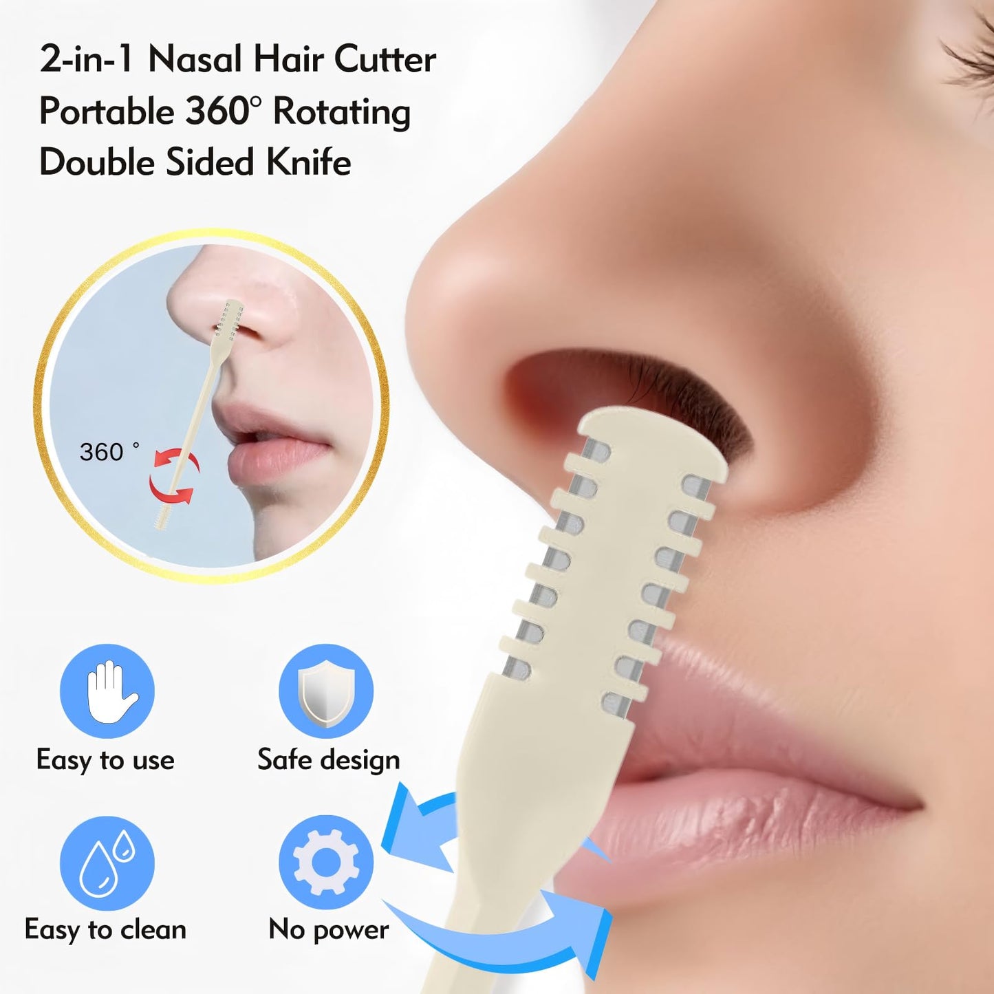 Epeosuc 2-in-1 Nose Hair Trimmer, 2026 New Portable Manual 360° Rotating Nasal Hair Cutter, Nostril Hair Removal Tool with Ear Picker for Travel Essentials (Beige, 3PCS)