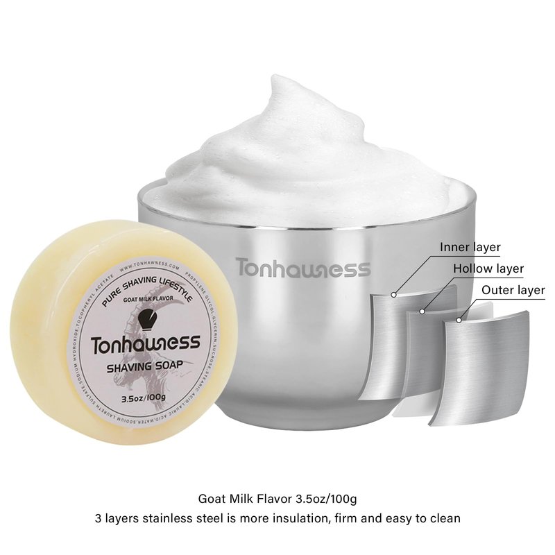 Tonhawness Shaving Brush Kit for Men, 4 in 1 Shaving Brushes Set Includes Badger Hair Shave Brush, Stainless Steel Shaving Bowl&Stand and Goat Milk Flavor Shaving Soap