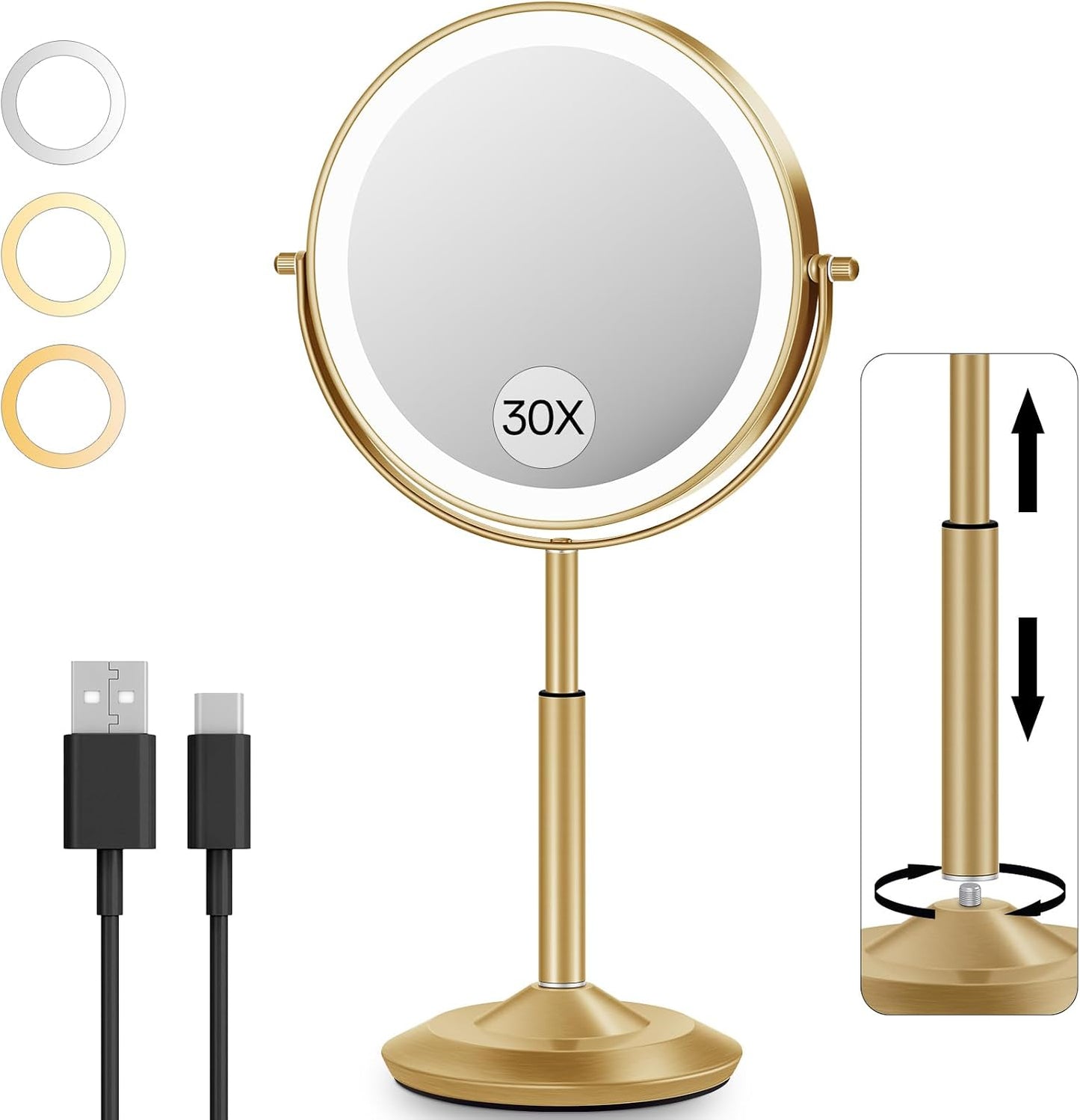 30X/1X Makeup Mirror with Lights - Adjustable Height, 3 Lighting Modes & Rechargeable | Perfect Gift for Women