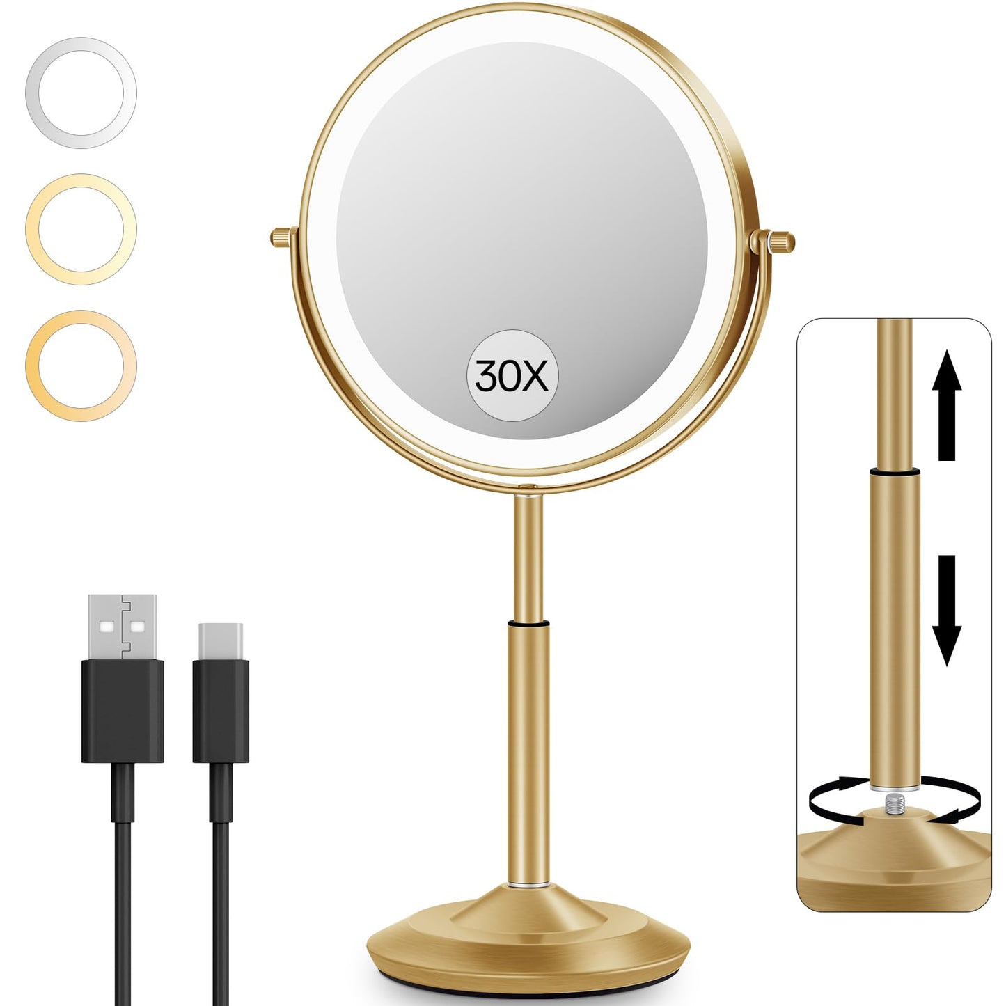VFD 8'' 30X/1X Magnifying Makeup Mirror with Lights Height Adjustable