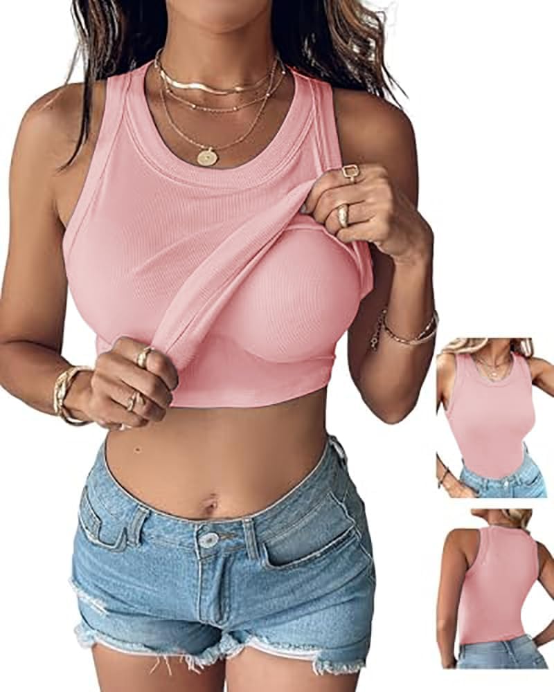 Women’s Built-In Bra Tank Top - Sleeveless Racerback Ribbed Fitted Shirt | Casual Style