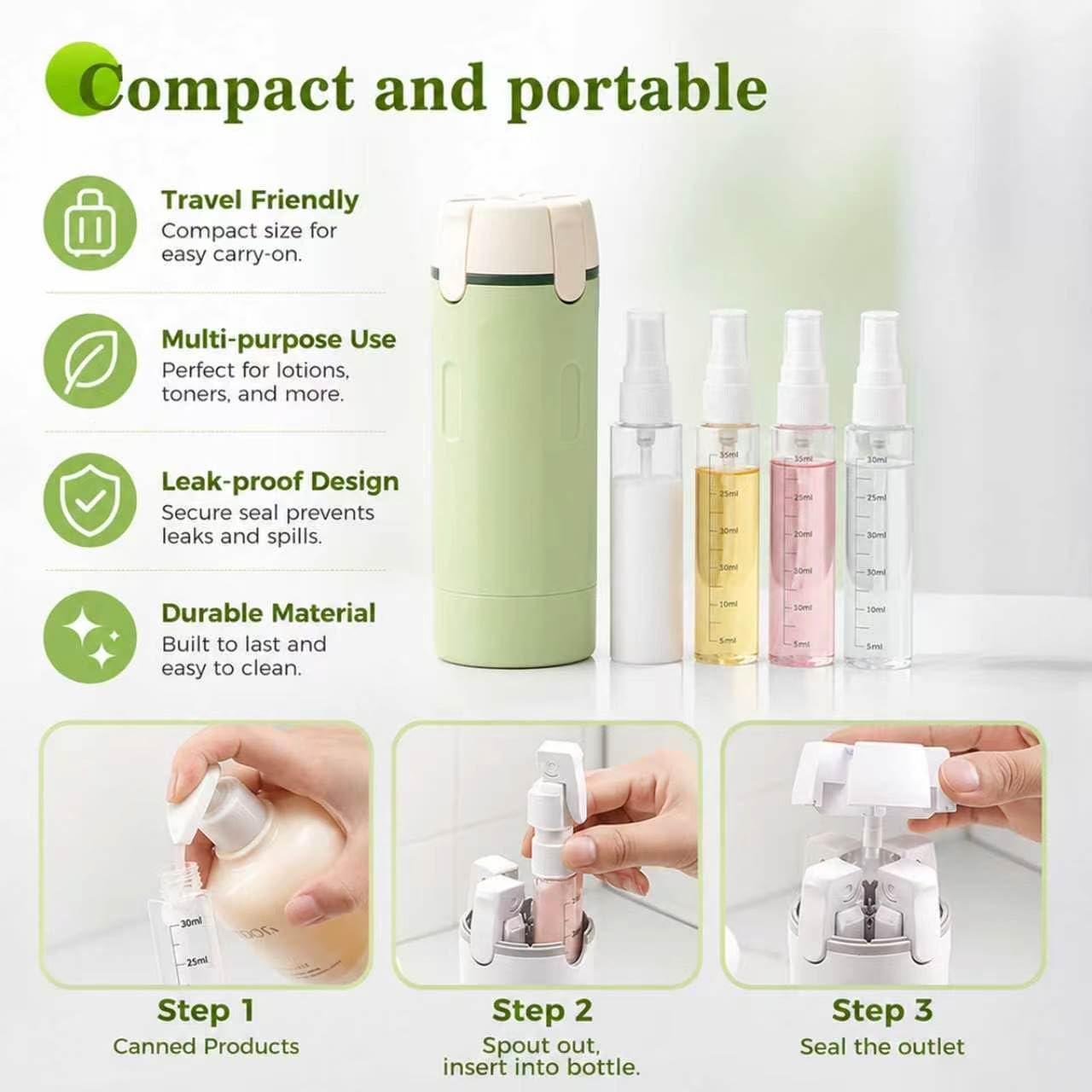 4 in 1 Travel Dispenser, Travel Dispenser Bottle, Leakproof Toiletry Bottles with Stickers, for Shampoo, Lotion, Conditioner and Cream, Ideal for Business Trips, Gym and Camping (Green)