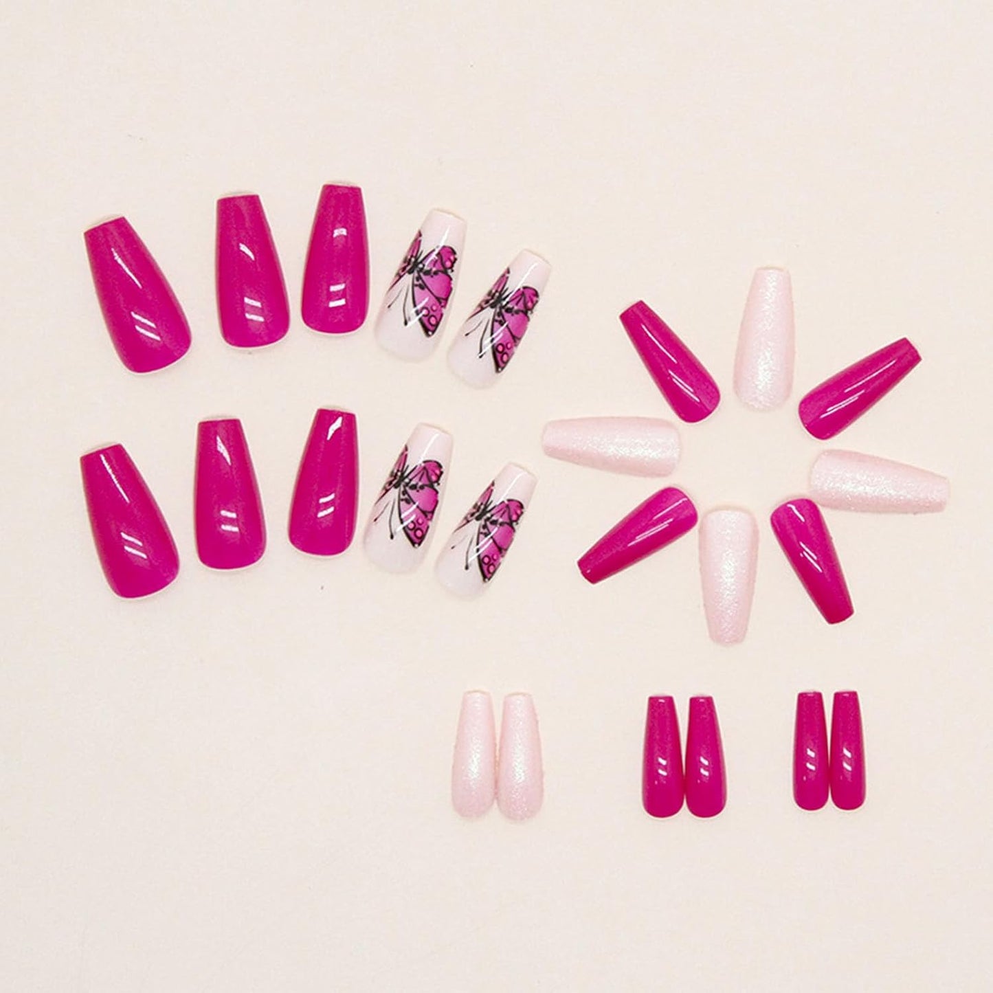 Coffin Press-On Nails - Medium Purple Butterfly Glitter Design | 24 Pcs Glossy Full Cover Acrylic Nails for Women