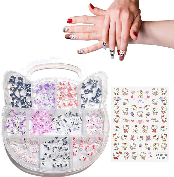 122PCS Kawaii Kitty Nail Charms & Stickers for Nail Art & DIY Decor