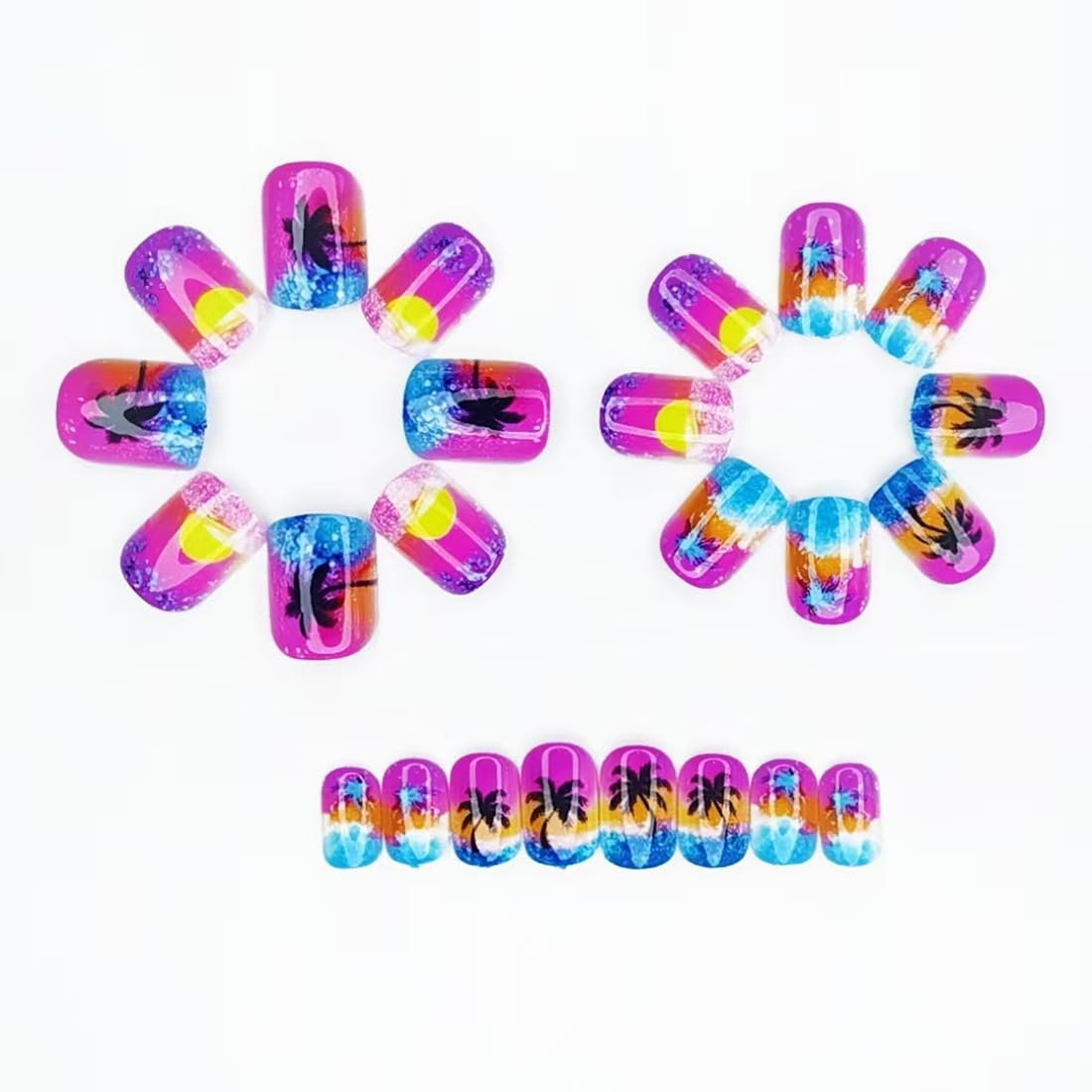Summer Press-On Nails - Short Square Fake Nails with Sunset Coconut Trees Design | 24 Pcs Glossy Blue French Tips, Reusable Manicure