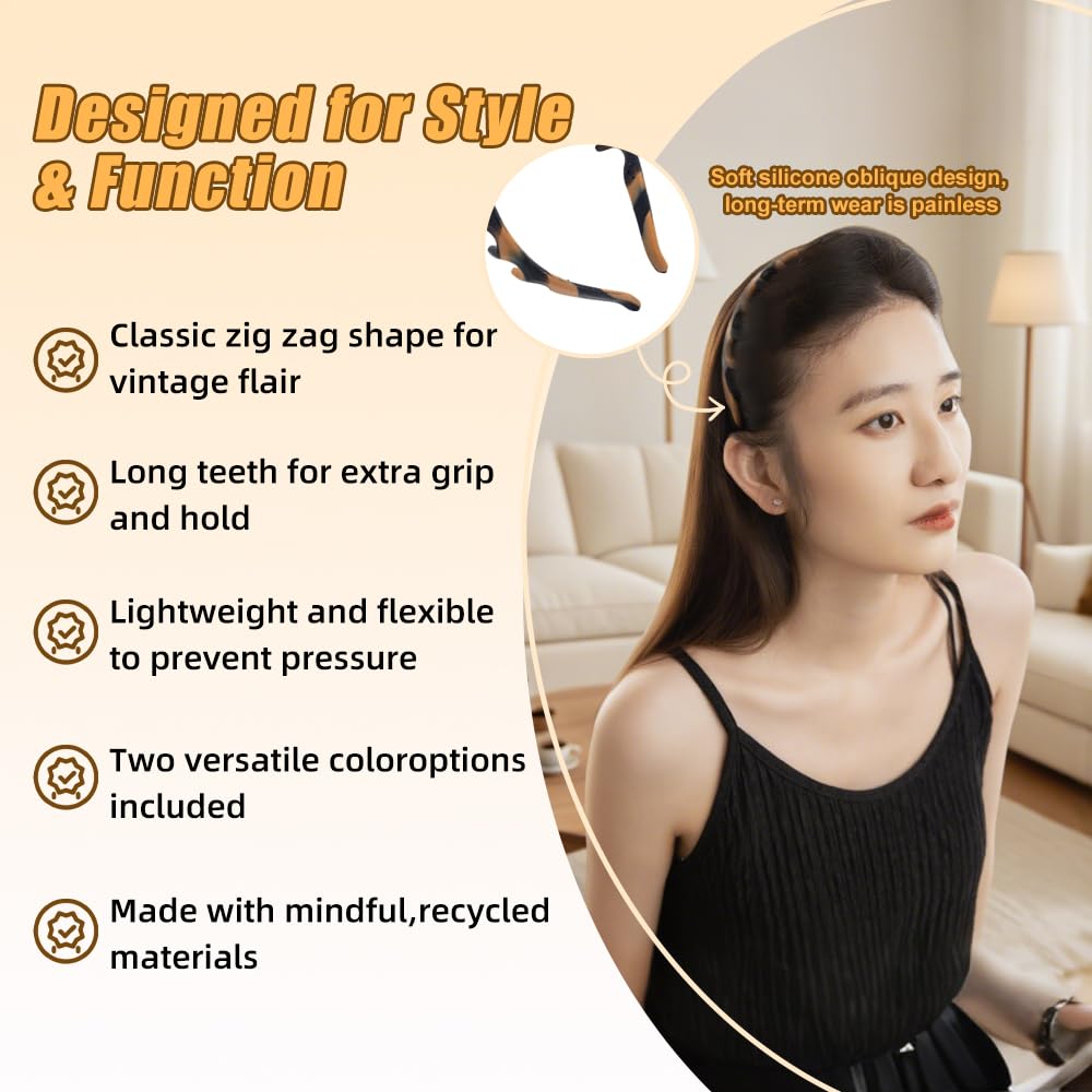 rytopt 2Pcs Headbands for Women, Toothed Non Slip Head Bands, No Headache Zig Zag Headbands, Silicone U Shape Fashion Hair Headband, Gifts Prepared for Girl & Women