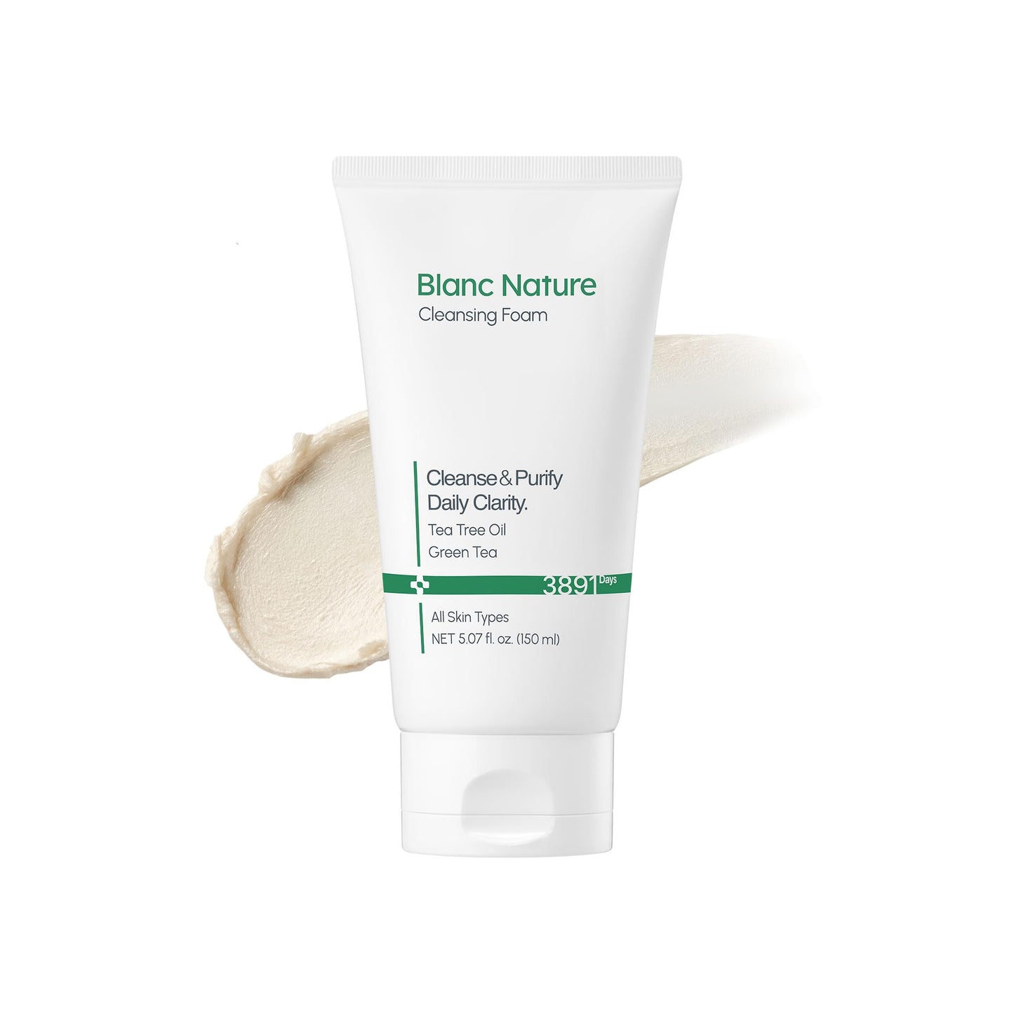 BLANC NATURE Cleansing Foam, Tea Tree Pore Deep Facial Cleanser for Oily & Sensitive Skin, Centella Asiatica, Green Tea, Korean Skincare, 5.07 fl oz (150 ml)