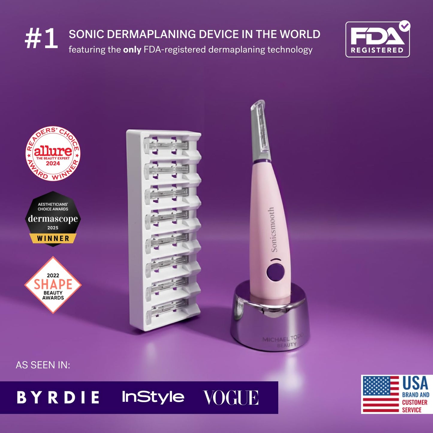 Michael Todd Beauty | Sonicsmooth Dermaplane Razor for Women - Face & Eyebrow Trimmer - 8 Weeks of Blades