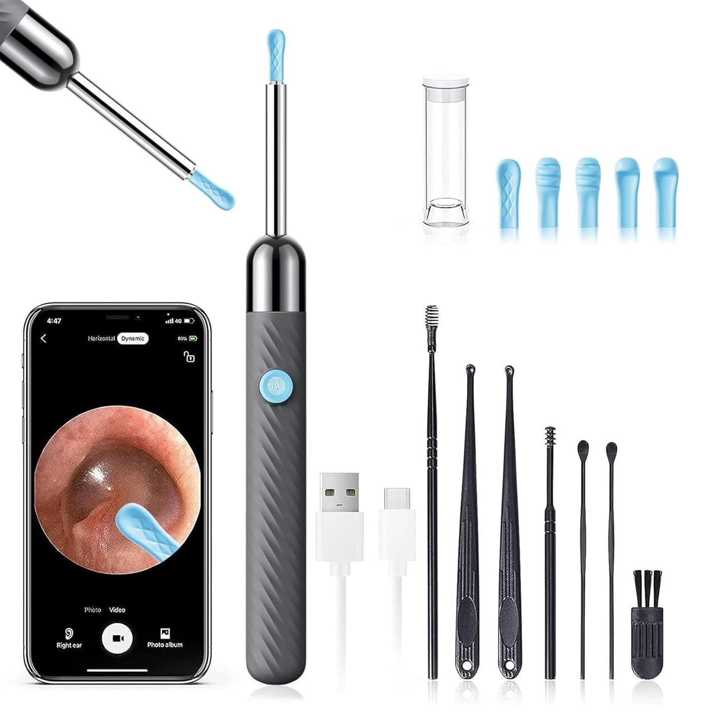 Ear Wax Removal Tool - 1080P Camera Ear Cleaner Kit with 7 Pieces | Compatible with iOS & Android (Blue)