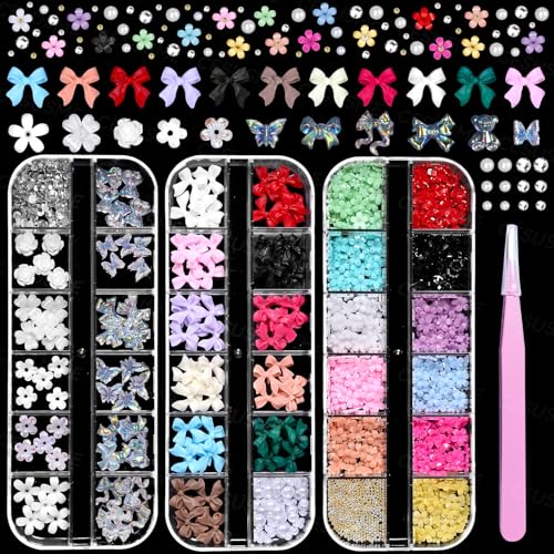 CESUSME 3 Boxes Bow Flower Nail Charms - 3D Color Flower & Bow Nail Art Decorations, S1
