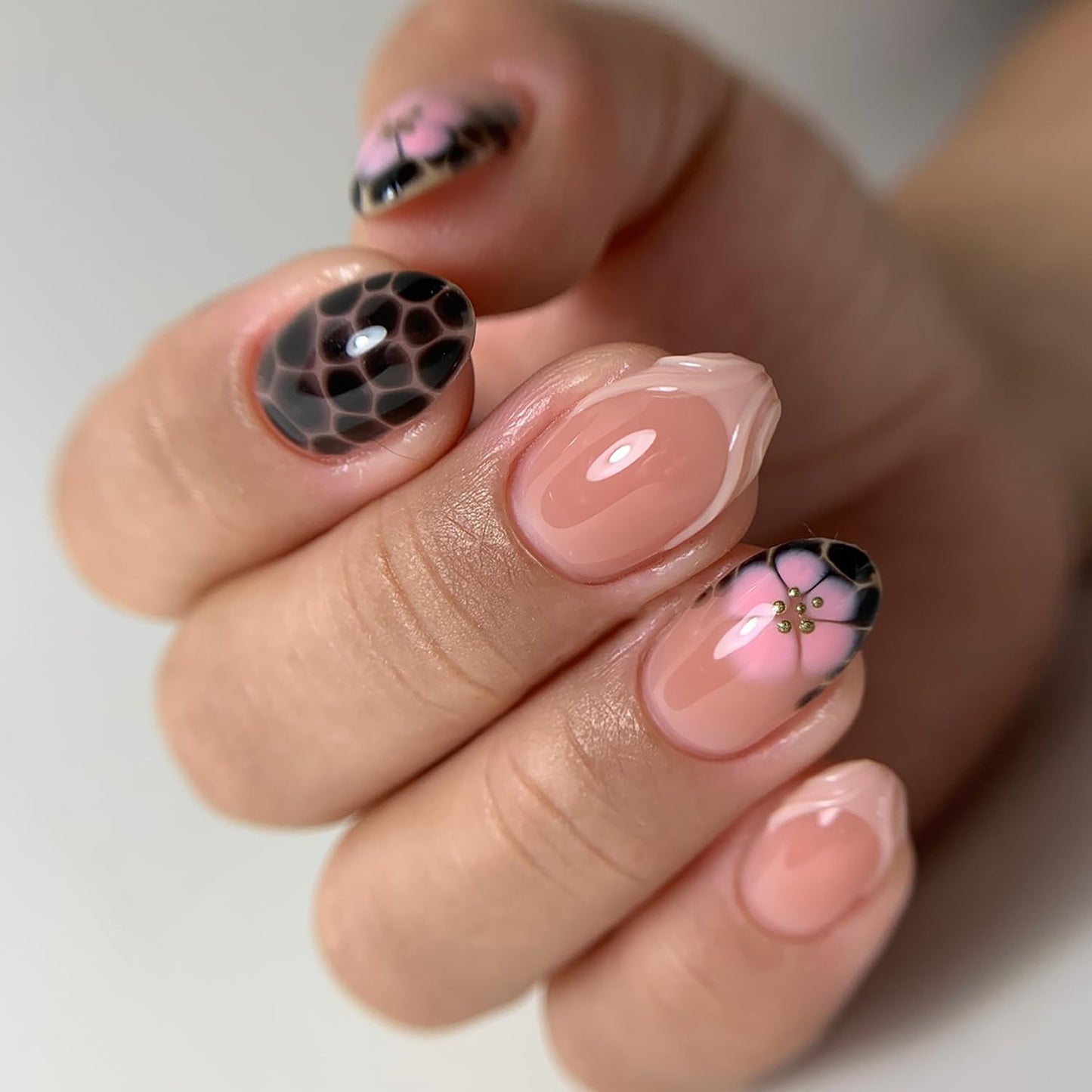Leopard Print Press-On Nails - 30 Pcs Medium Almond Acrylic with Heart Pearl Bow & Rhinestones | Romantic Valentine’s French Tip Design