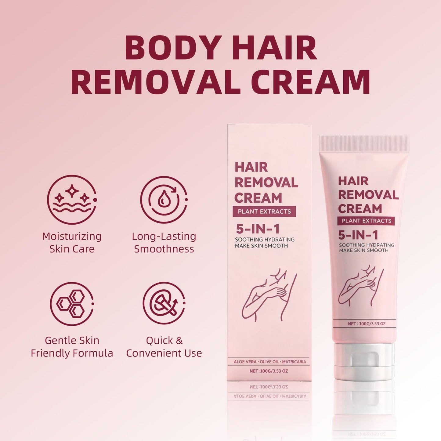 Hair Removal Cream, Moisturizing Daily Care Body Hair Removal Cream for Women and Men, Suitable for Legs, Arms, Underarms, Stomach, Bikini Line, 3.53 OZ