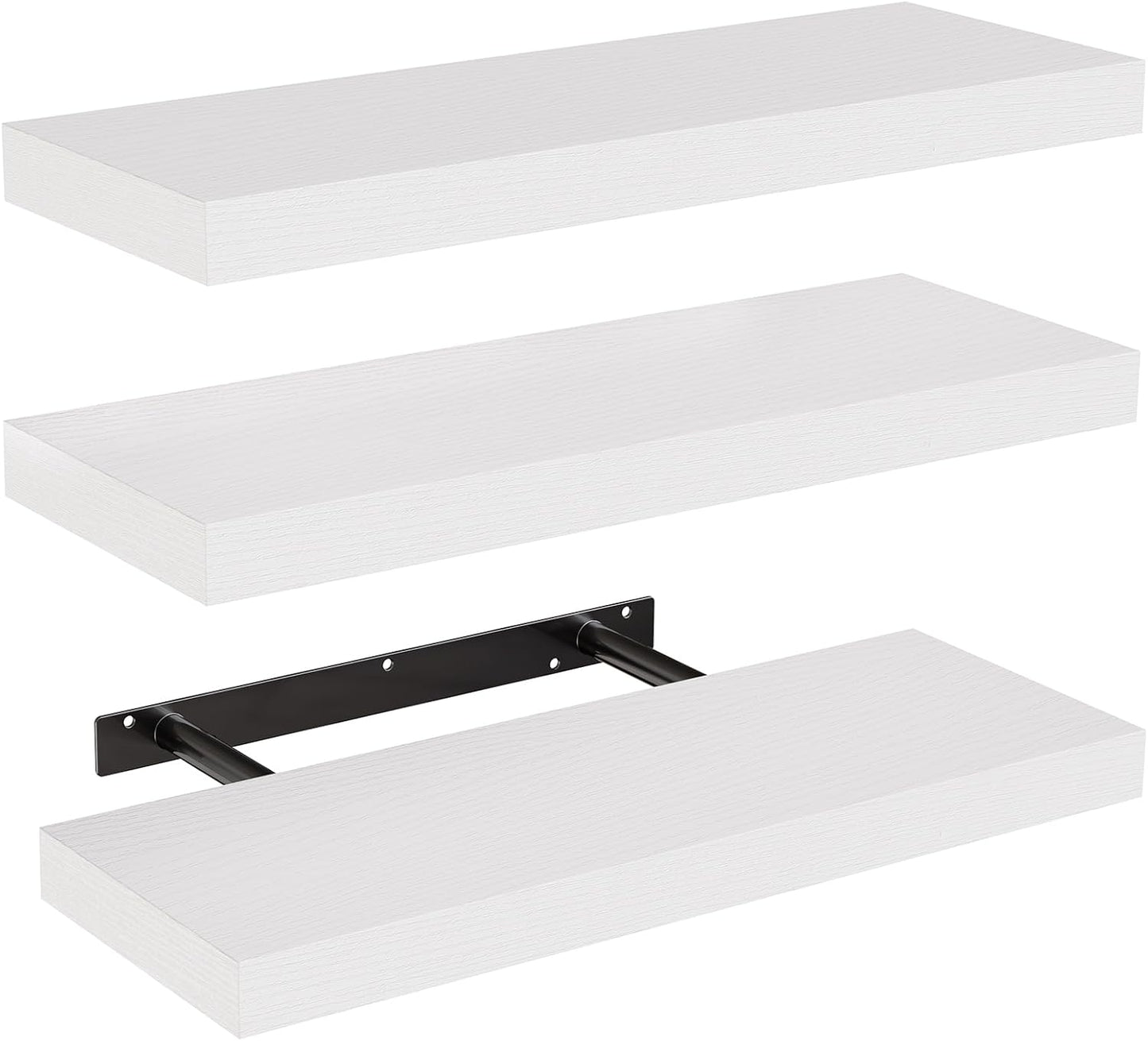 Floating Shelves for Bathroom, Living Room & Kitchen | White Wall Shelves with Invisible Brackets - Set of 3