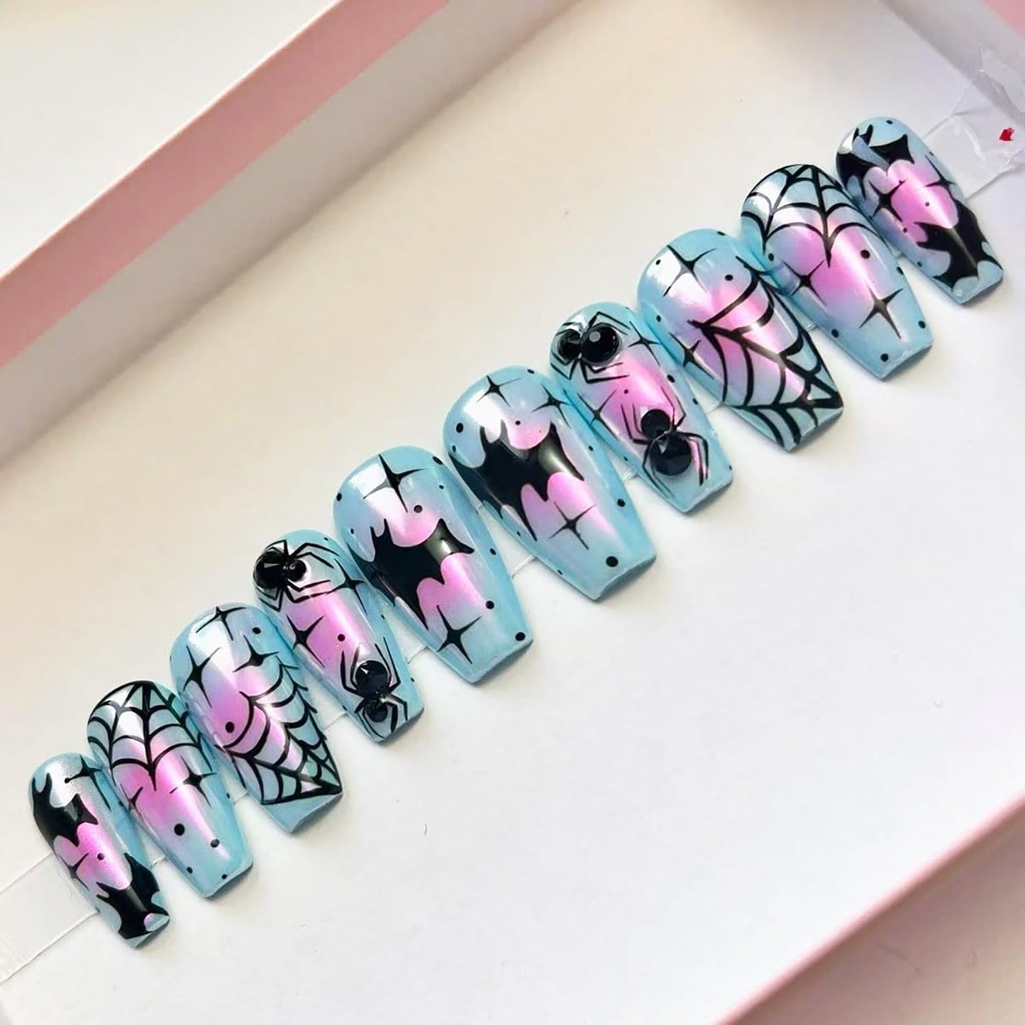 30Pcs Halloween Press-On Nails - 3D Spider & Bat Designs | Medium Almond Acrylic Tips for Women