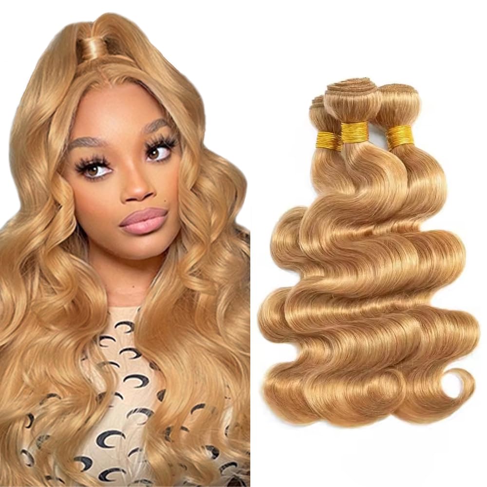 AuokMar Honey Blonde Bundles 27 Body Wave Bundles Huma Hair 20 22 24 inch 150g Double Weft Soft Real 27 Honey Blonde 3 Bundle Human Hair Extensions