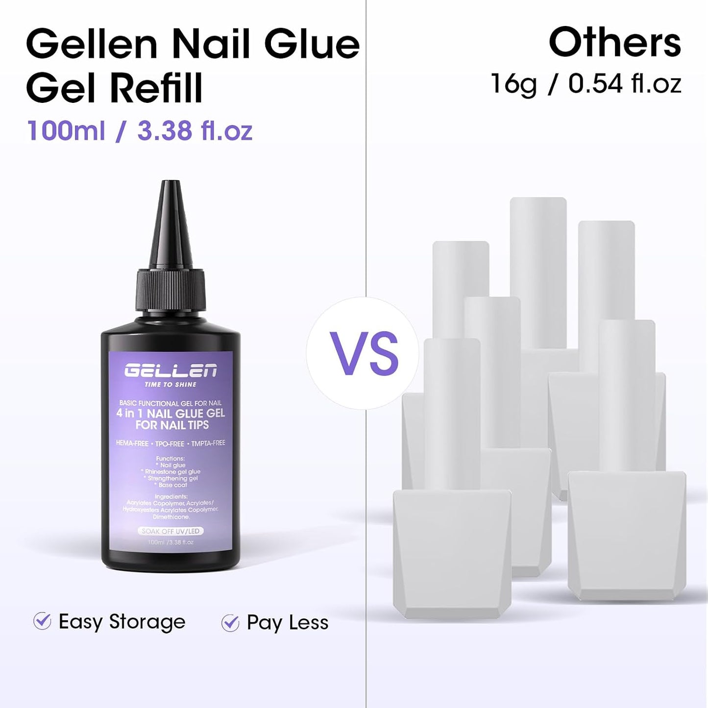 GELLEN 4 in 1 Gel Nail Glue Refill - 100ml Strong Adhesive for Acrylic Nail Tips | HEMA TPO TMPTA 3-Free, UV Light Cured