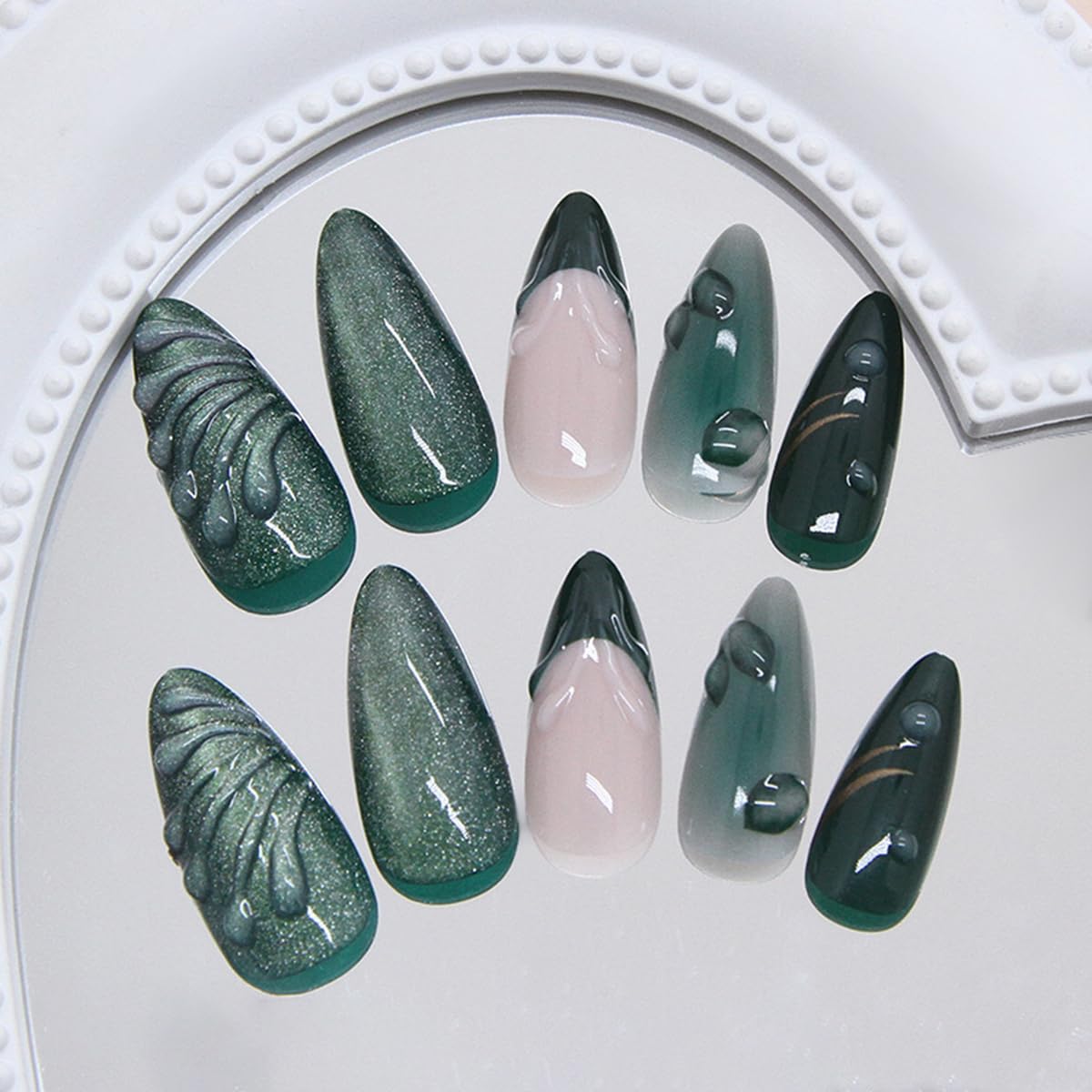 Short Almond Press-On Nails - 24 Pcs French Tip with Leopard Print & Gold Beads | Reusable Acrylic Nail Designs for Women