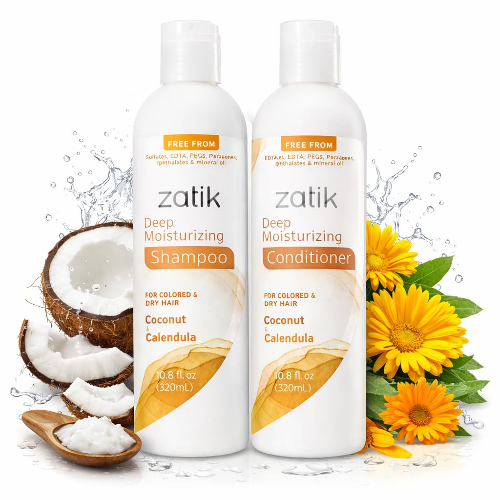 Zatik Naturals - Deep Moisturizing Shampoo + Conditioner Set - Coconut & Calendula, for Colored, Dry damaged Hair, Biodegradable, pH Balanced, FREE from Parabens, fragrances, 10.8 fl oz (One of Each)